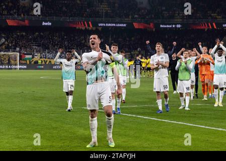 Athens. 30th Nov, 2023. Brighton's players celebrate after winning the UEFA Europa League group B match between AEK Athens and Brighton in Athens, Greece on Nov. 30, 2023. Credit: Lefteris Partsalis/Xinhua/Alamy Live News Stock Photo