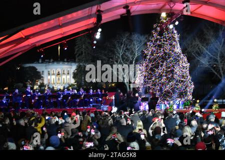 Washington, United States. 30th Nov, 2023. National Christmas Tree lit up on the White House Ellipse in Washington, DC Credit: SOPA Images Limited/Alamy Live News Stock Photo
