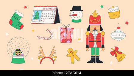 Christmas holiday traditional elements set. Vector illustration. Modern style Christmas and Happy New Year background Stock Vector