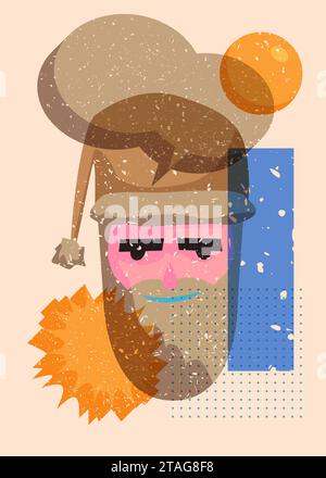 Risograph Santa Claus head with speech bubble with geometric shapes. Objects in trendy riso graph print texture style design with geometry elements. Stock Vector