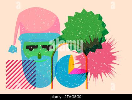 Risograph Santa Claus head with speech bubble with geometric shapes. Objects in trendy riso graph print texture style design with geometry elements. Stock Vector