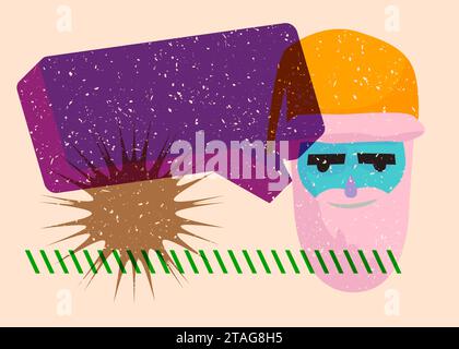 Risograph Santa Claus head with speech bubble with geometric shapes. Objects in trendy riso graph print texture style design with geometry elements. Stock Vector