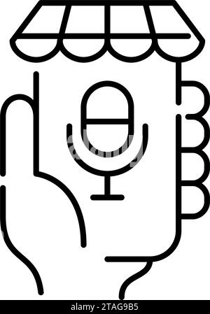 Voice commerce. Using personal virtual assistant for online shopping. Hand holding smartphone app. Pixel perfect icon Stock Vector