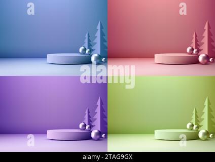 3D realistic christmas podium on a bright background with pine tree and balls minimal style. Perfect for product display, mockups, showrooms, and show Stock Vector