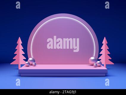 Christmas festive 3D realistic blue color podium and circle neon light decoration with pine tree and many balls on blue wall background. Christmas hol Stock Vector