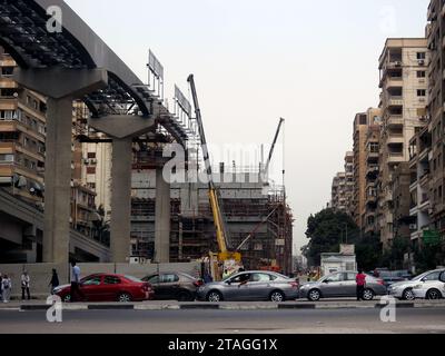 Cairo, Egypt, September 30 2023: Cairo monorail site that is under construction by Orascom CO with the columns and the tracks in Nasr city district, r Stock Photo