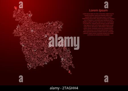 Bangladesh map from red and glowing stars icons pattern set of SEO analysis concept or development, business. Vector illustration. Stock Vector