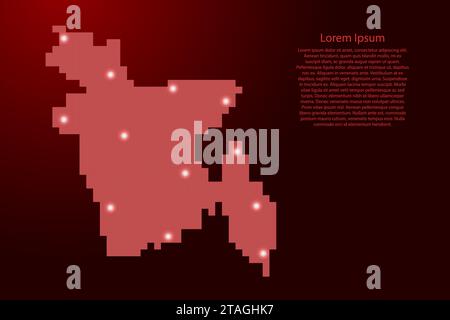 Bangladesh map silhouette from red square pixels and glowing stars. Vector illustration. Stock Vector