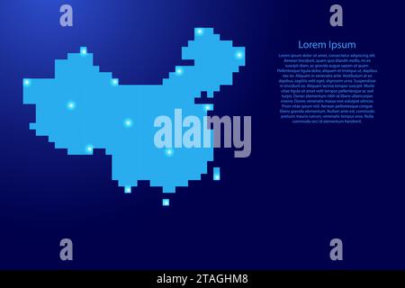 China map silhouette from blue square pixels and glowing stars. Vector illustration. Stock Vector