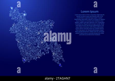 Bangladesh map from blue and glowing stars icons pattern set of SEO analysis concept or development, business. Vector illustration. Stock Vector