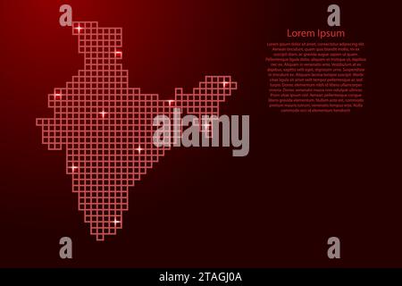 India map silhouette from red mosaic structure squares and glowing stars. Vector illustration. Stock Vector