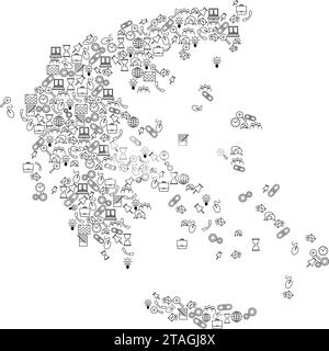 Greece map from black pattern set icons of SEO analysis concept or development, business. Vector illustration. Stock Vector