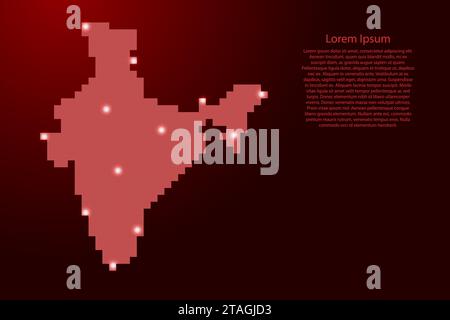 India map silhouette from red square pixels and glowing stars. Vector illustration. Stock Vector