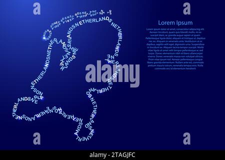 Netherlands map country along contour of recurring english blue words name of state and glowing space stars Stock Vector