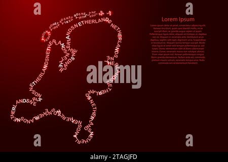 Netherlands map country along contour of recurring english red words name of state and glowing space stars Stock Vector