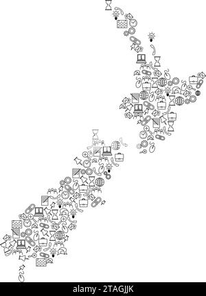 New Zealand map from black pattern set icons of SEO analysis concept or development, business. Vector illustration. Stock Vector