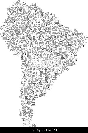 South America map from black pattern set icons of SEO analysis concept or development, business. Vector illustration. Stock Vector
