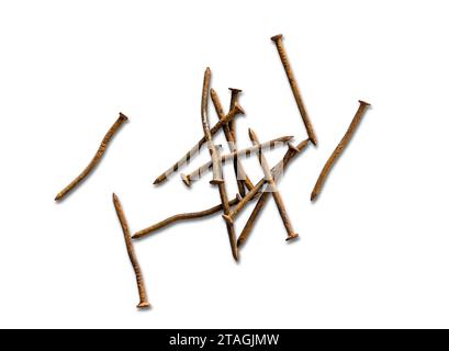 Old rusty bent nails isolated on white background Stock Photo