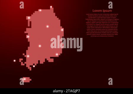 South Korea map silhouette from red square pixels and glowing stars. Vector illustration. Stock Vector