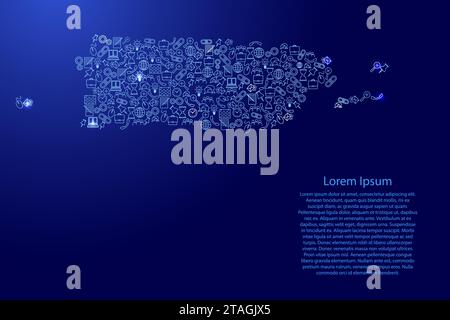 Puerto Rico map silhouette from red square pixels and glowing stars ...