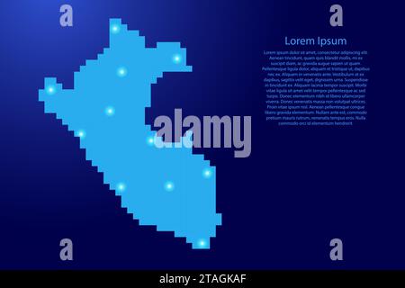 Peru map silhouette from blue square pixels and glowing stars. Vector illustration. Stock Vector