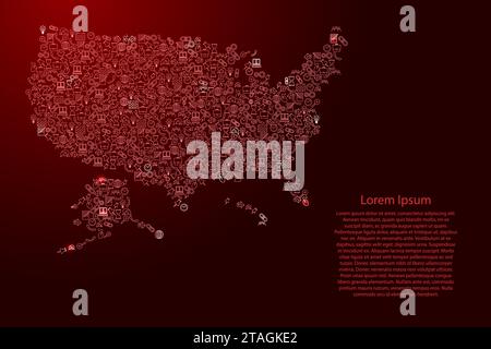 United States of America, USA map from red and glowing stars icons pattern set of SEO analysis concept or development, business. Vector illustration. Stock Vector