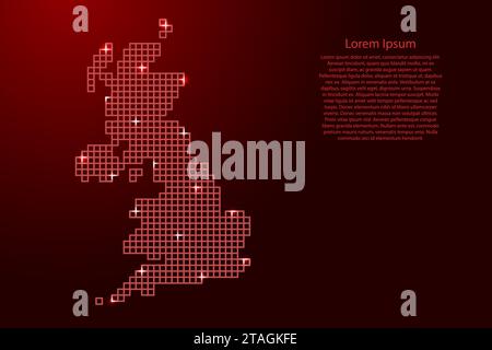 United Kingdom map silhouette from red mosaic structure squares and glowing stars. Vector illustration. Stock Vector