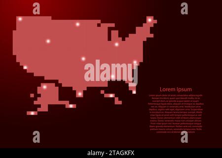 United States, USA map silhouette from red square pixels and glowing stars. Vector illustration. Stock Vector