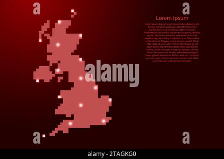 United Kingdom map silhouette from red square pixels and glowing stars. Vector illustration. Stock Vector