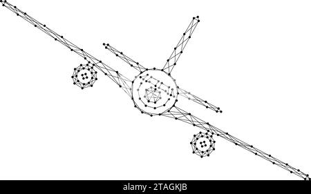 Airplane flying with roll, front view from abstract futuristic polygonal black lines and dots. Vector illustration. Stock Vector