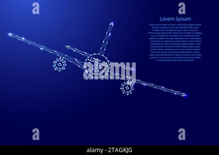 Airplane flying with roll, front view from futuristic polygonal blue lines and glowing stars for banner, poster, greeting card. Vector illustration. Stock Vector