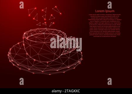 Cup coffee or tea on saucer, from futuristic polygonal red lines and glowing stars for banner, poster, greeting card. Vector illustration. Stock Vector