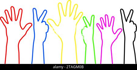 Multicultural team, hands raised up with fingers spread and a sign of victory from multicolored contour curves lines on white background. Vector illus Stock Vector
