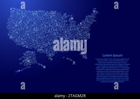 United States of America, USA map from blue and glowing stars icons pattern set of SEO analysis concept or development, business. Vector illustration. Stock Vector