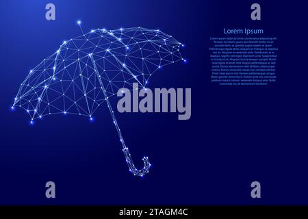 Umbrella, protection from rain and sun, from futuristic polygonal blue lines and glowing stars for banner, poster, greeting card. Vector illustration. Stock Vector