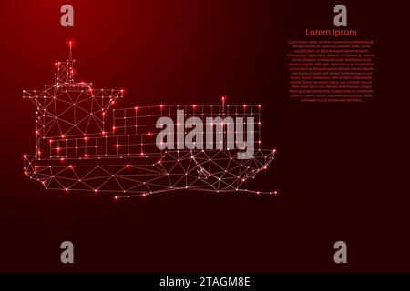 Container ship, from futuristic polygonal red lines and glowing stars for banner, poster, greeting card. Vector illustration. Stock Vector