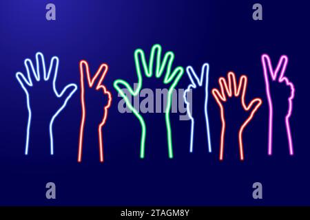 Multicultural team, hands raised up with fingers spread and a sign of victory from glowing blue, red, pink and green neon luminescence lines. Vector i Stock Vector