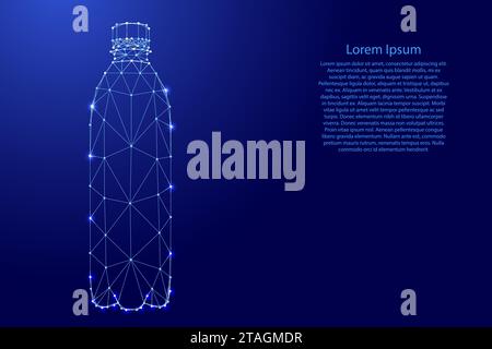 Water bottle, aqua liquid plastic package, clean natural artesian drinking, from futuristic polygonal blue lines and glowing stars for banner, poster, Stock Vector