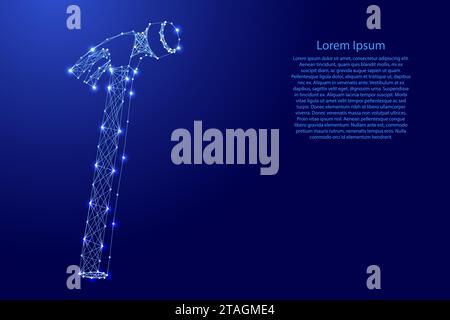 Hammer, tool for hammering nails, from futuristic polygonal blue lines and glowing stars for banner, poster, greeting card. Low poly concept. Vector i Stock Vector