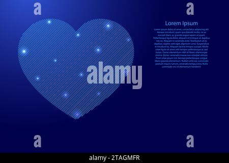 Heart is a symbol of love for Valentine's Day from blue pattern slanted parallel lines and glowing space stars grid. Vector illustration. Stock Vector