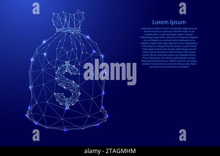 Money bag with dollar icon cash, business and finance, payment, from futuristic polygonal blue lines and glowing stars for banner, poster, greeting ca Stock Vector