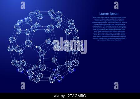 Fullerene, a molecular compound, structure from carbon atoms, from futuristic polygonal blue lines and glowing stars for banner, poster, greeting card Stock Vector