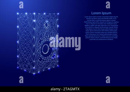 Music column, loudspeaker box, from futuristic polygonal blue lines and glowing stars for banner, poster, greeting card. Low poly concept. Vector illu Stock Vector