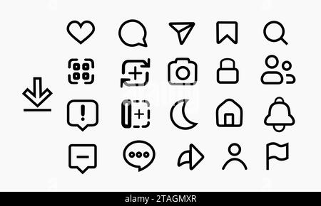 Social media icon button set.  love, comment, download, home, night mode, notification, share etc. Stock Vector