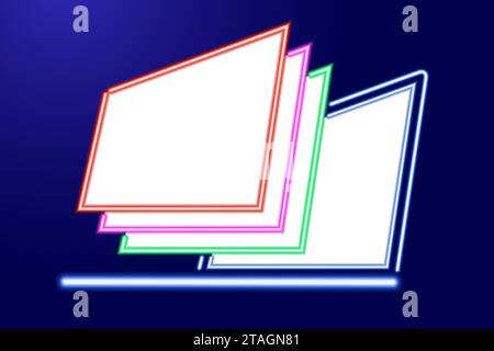 Responsive page empty, laptop layout with blank screen and empty web wireframing from glowing blue, red, pink and green neon luminescence lines. For s Stock Vector
