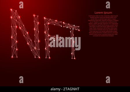 NFT icon, non-fungible token, letters in perspective, from futuristic polygonal red lines and glowing stars for banner, poster, greeting card. Low pol Stock Vector