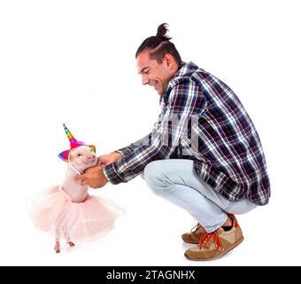 pink miniature pig and man in front of white background Stock Photo