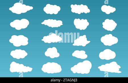 Collection of simple cloud shapes isolated on blue background. Set vector flat white cloud element icons Stock Vector