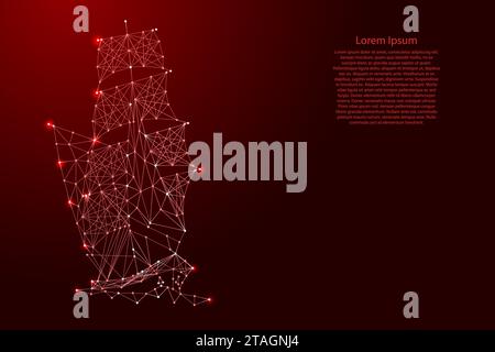 Ship with masts and sails, sailing sailboat, from futuristic polygonal red lines and glowing stars for banner, poster, greeting card. Vector illustrat Stock Vector