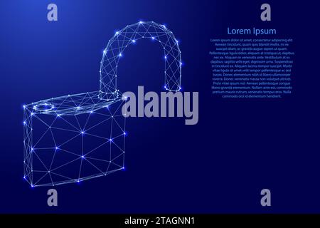 Padlock with open shackle, symbol of vulnerability of data protection, from futuristic polygonal blue lines and glowing stars for banner, poster, gree Stock Vector